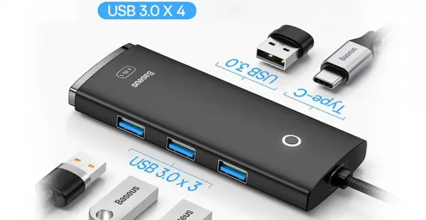 Adaptador Baseus USB-C 4en1 HUB , 4X USB 3.0 para MacBook Pro, iPad, Tablets, Chromecast